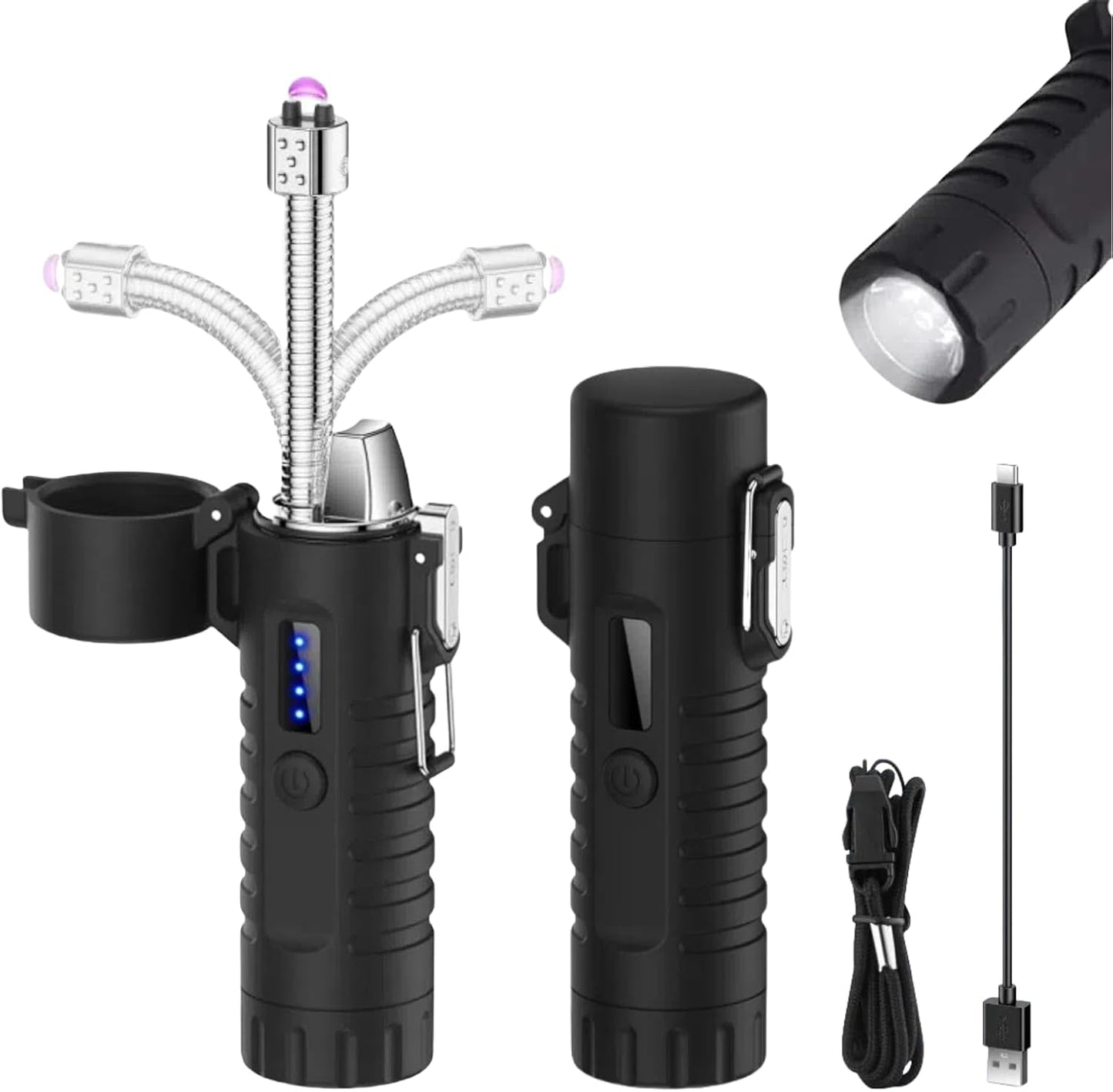Electric Lighter, Flexible Neck Plasma Arc Lighter, USB C Rechargeable Lighters, Windproof and Waterproof Lighters with Flashlight for Candles, Hiking, Camping, Outdoor Adventure (Black)
