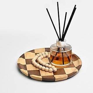 8 Inches Round Wooden Serving Trays Decorative Candle Plate Holder with Unique Checkered Design for Home Decor, Coffee Table, Dining Table, Kitchen Island