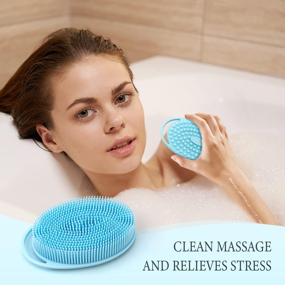 PQRUU 3 Pack Silicone Body Scrubber, Exfoliating Soft Loofah Bath Body Scrubbers for Use in Shower, Exfoliating Body Scrubber Fit for All Kinds of Skin, Rapid Foaming Black+Blue+Pink
