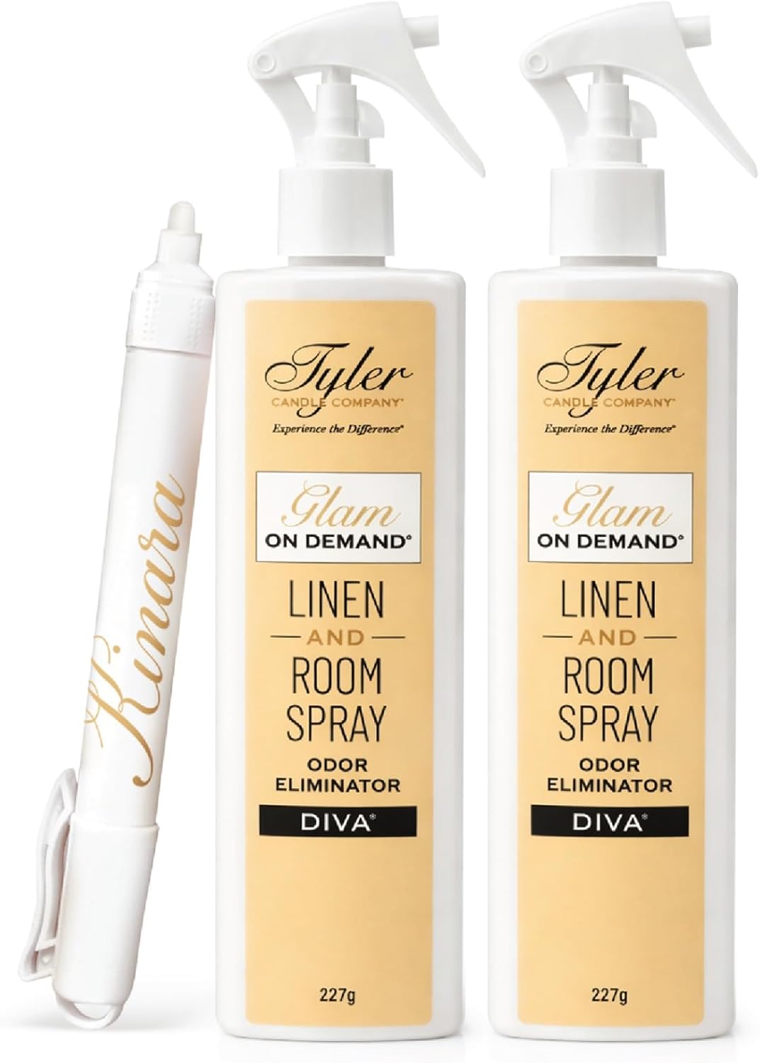 Tyler Glam on Demand - Diva Scent Linen and Room Spray 2 Pack - Air Freshener and Odor Eliminator Bundle with Kinara Stain Remover Pen - Laundry Bundle