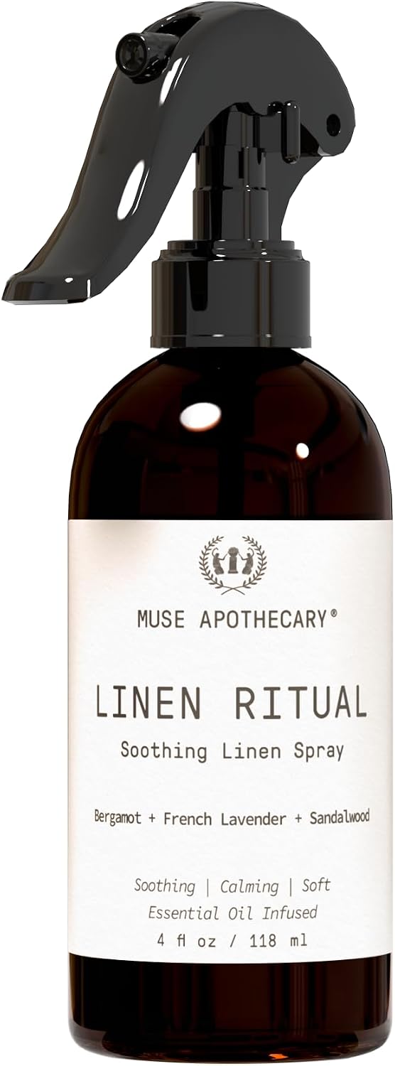 Muse Apothecary Linen Ritual - Aromatic, Soothing, and Relaxing Linen Mist, Laundry and Fabric Spray - Infused with Aromatherapy Essential Oils - 4 oz, Bergamot + French Lavender + Sandalwood