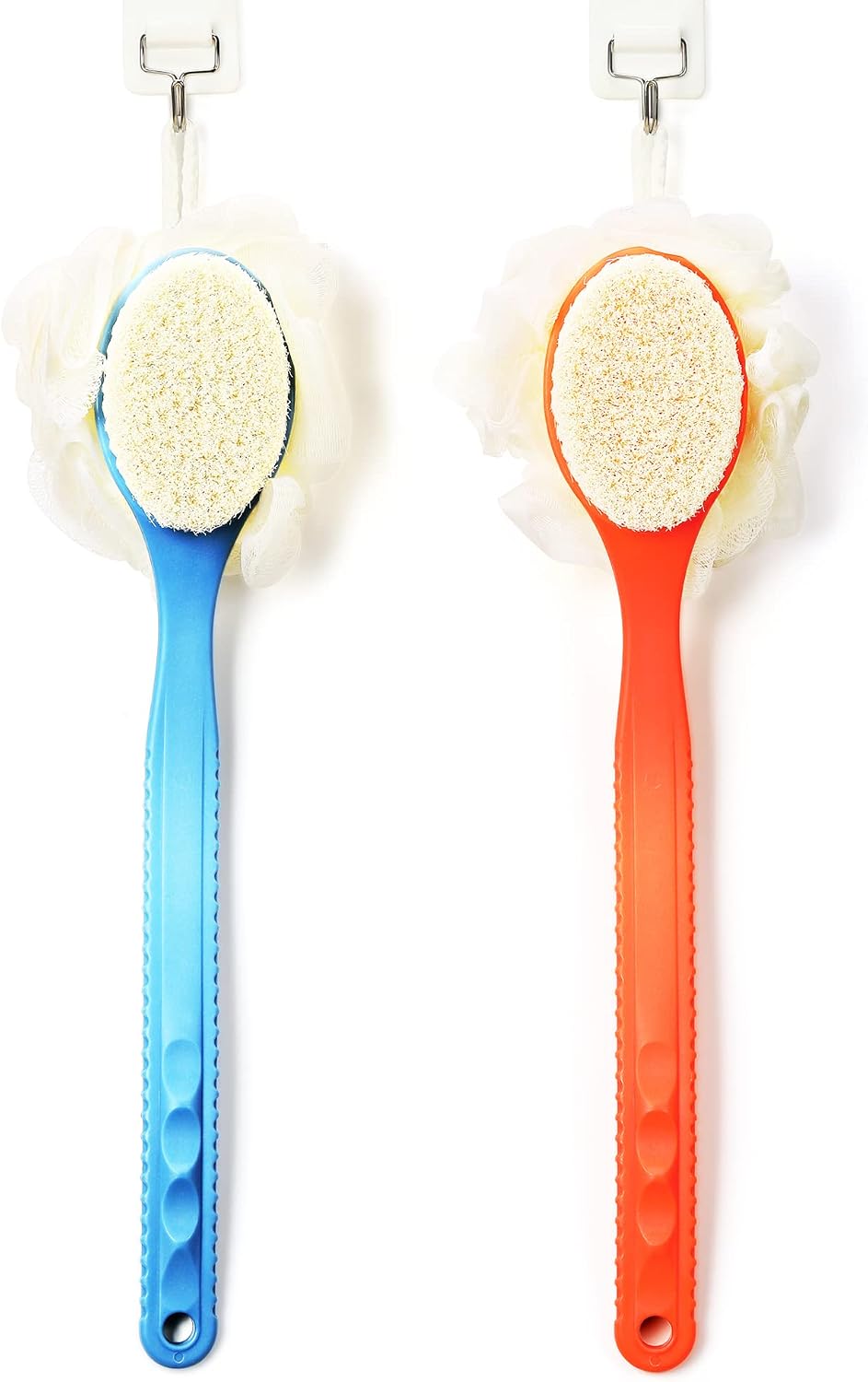 Shower Body Brush with Bristles and Loofah,Back Scrubber Bath Mesh Sponge with Curved Long Handle for Skin Exfoliating Bath, Massage Bristles Suitable for Wet or Dry, Men and Women (Blue)