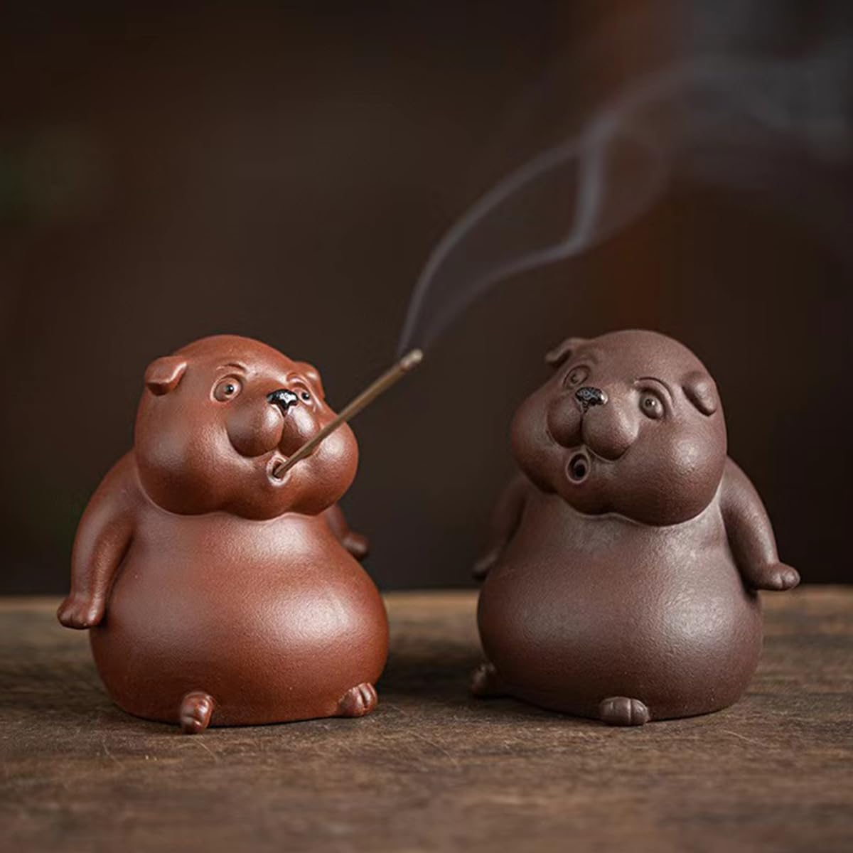 EAEDMY 2pcs Curious Puppy Figurine Incense Holder for Stick, Burner Incense Stick Holder, Purple Sand Kongfu Tea Pet Set for Tea Table Desk Tearoom Decoration Ornament