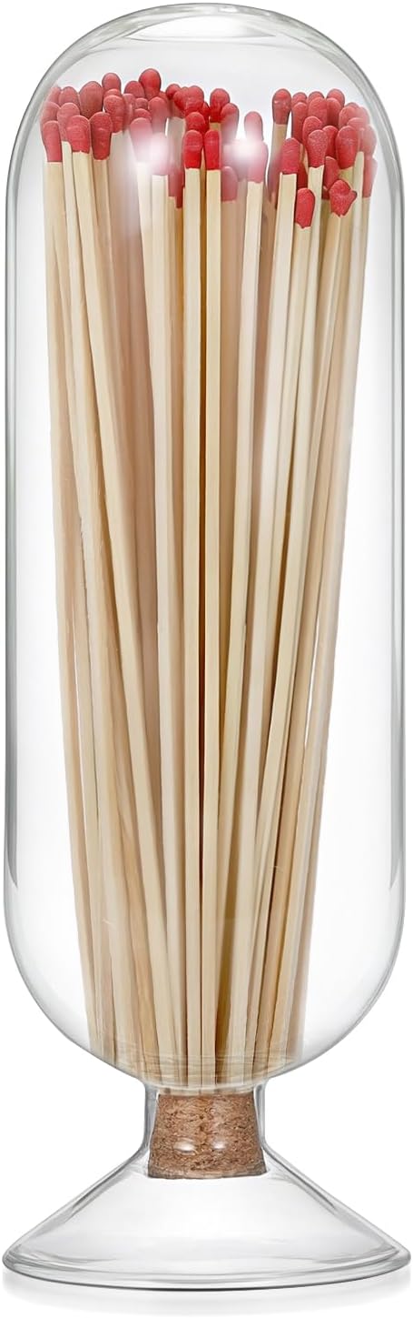 OwnMy 8 Inch Glass Match Cloche Decorative Glass Match Holder Jar with Cork Stopper, Clear Glass Matches Box Matchstick Holder Organizer for Home Bathroom Fireplace Candle Use (NOT Includes Matches)