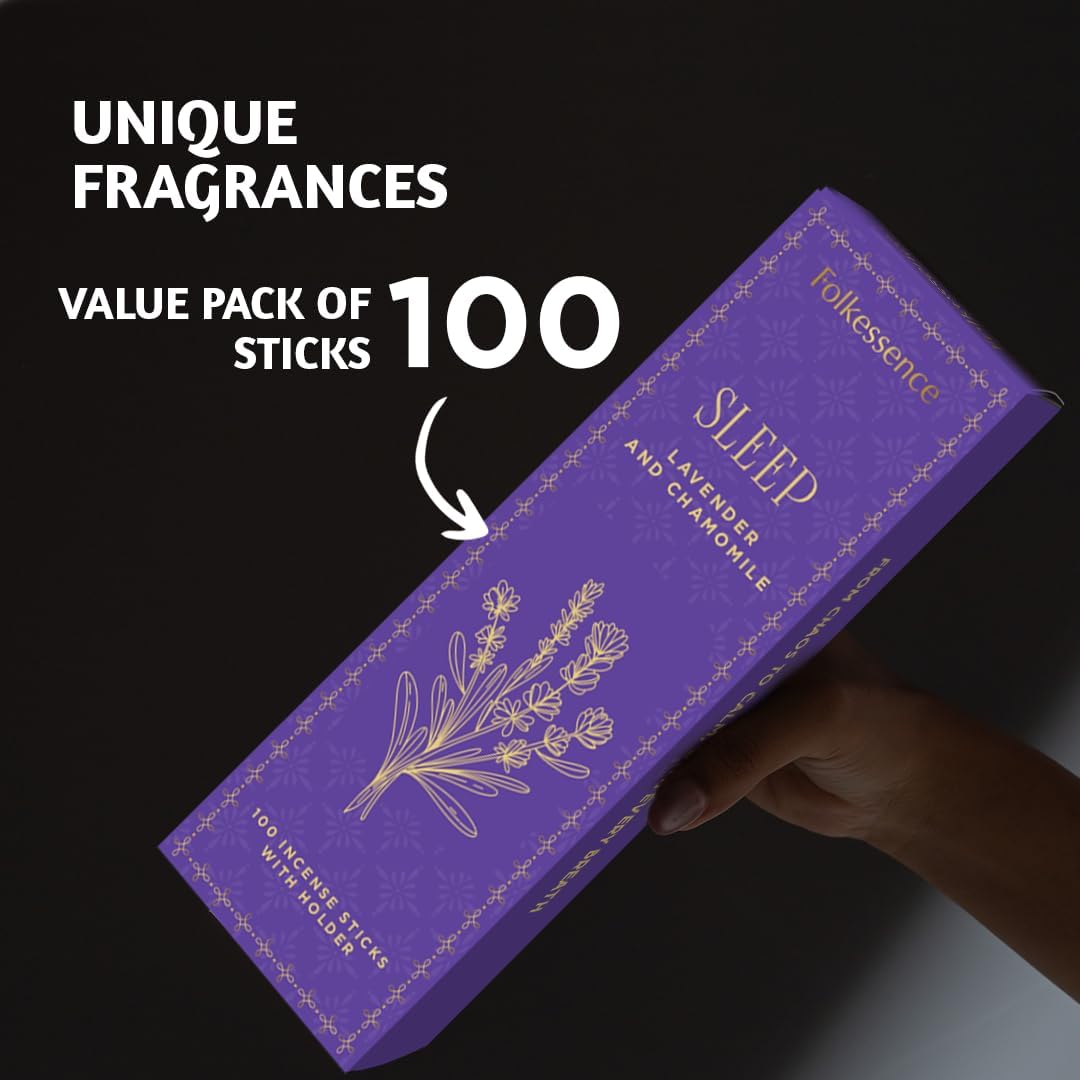 Folkulture Incense Sticks with Holder (100 Sticks)| Lavender & Chamomile Incense Sticks for Deep Sleep, Aromatherapy, Relax Stress |No Charcoal,Organic,Non Toxic, 45 Mins, Long Burning Insence-Sticks