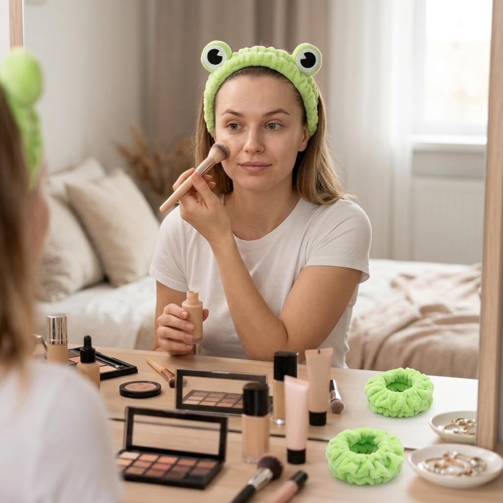 Soft Spa Headband and Wristbands for Face Washing, Cute Frog Makeup Headbands Elastic Skincare Hair Band Shower Head Wraps Hair Accessories for Women Girls