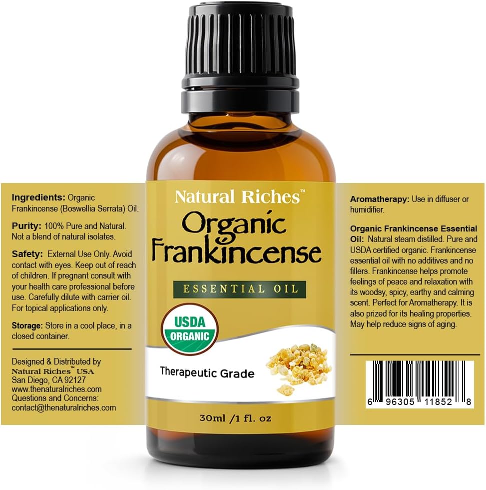 Natural Riches USDA Organic Frankincense Essential Oil 30 ml - Boswellia Serrata, 100% Pure Natural Undiluted, Therapeutic Grade for Diffuser Aromatherapy Premium Certified Organic