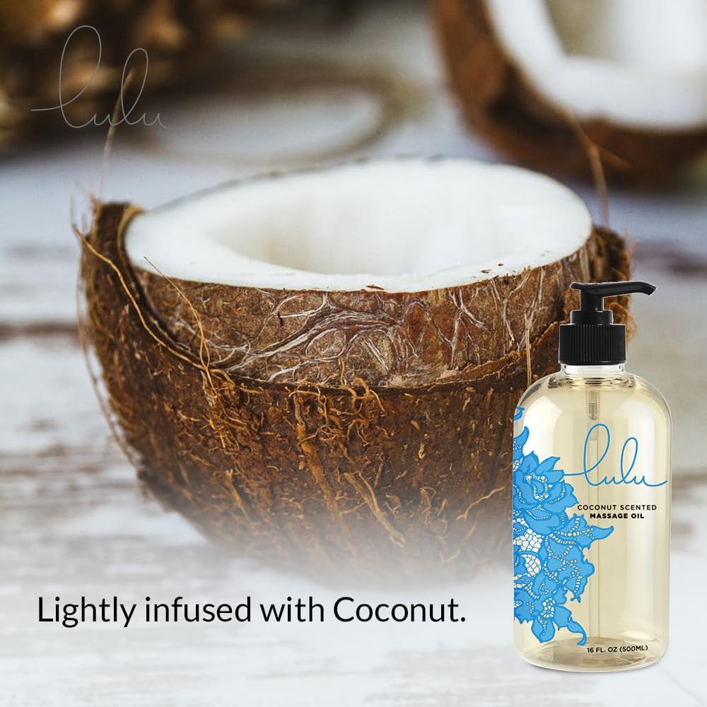 Lulu Coconut Massage Oil with Fractionated Coconut & Cocoa Butter Hydrating Non-Greasy Body Oil for Smooth Skin & Relaxation Aromatherapy for Date Night Couples Massage & Massage Therapy 16 fl oz Pump