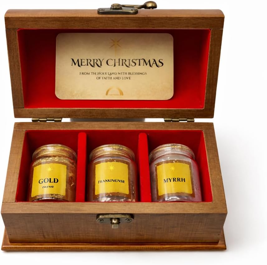 Three Kings Gifts - Gold,Frankincense and Myrrh Gift Set from Holy Land - Nativity Keepsake Set - Christian Faith Worship Display Box & Scripture Card