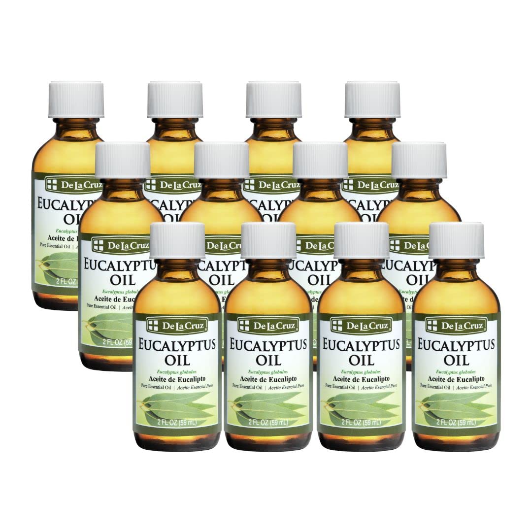 De La Cruz Eucalyptus Essential Oil, 100% Pure Steam Distilled Eucalyptus Globulus, Eucalyptus Oil, Eucalyptus Essential Oil for Diffuser, 2 FL OZ, Aromatherapy, Tree Oil (12 Bottles)