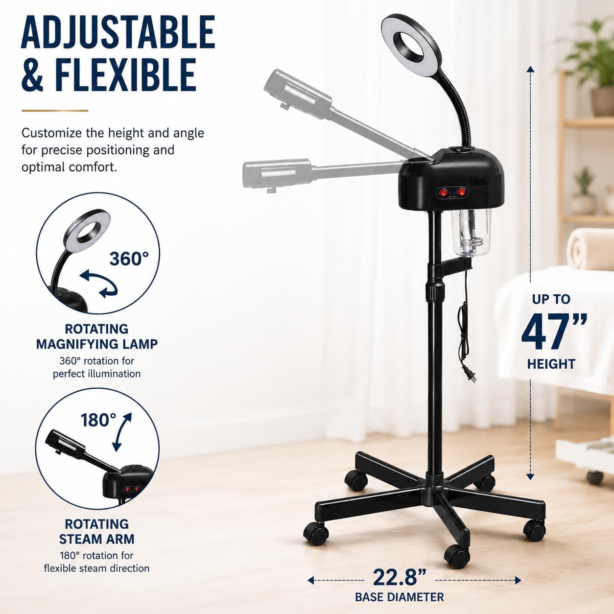2-in-1 Professional Facial Steamer with 3X Magnifying Lamp, Ozone Face Steamer with Adjustable Height, Rolling Stand, 750W, Black