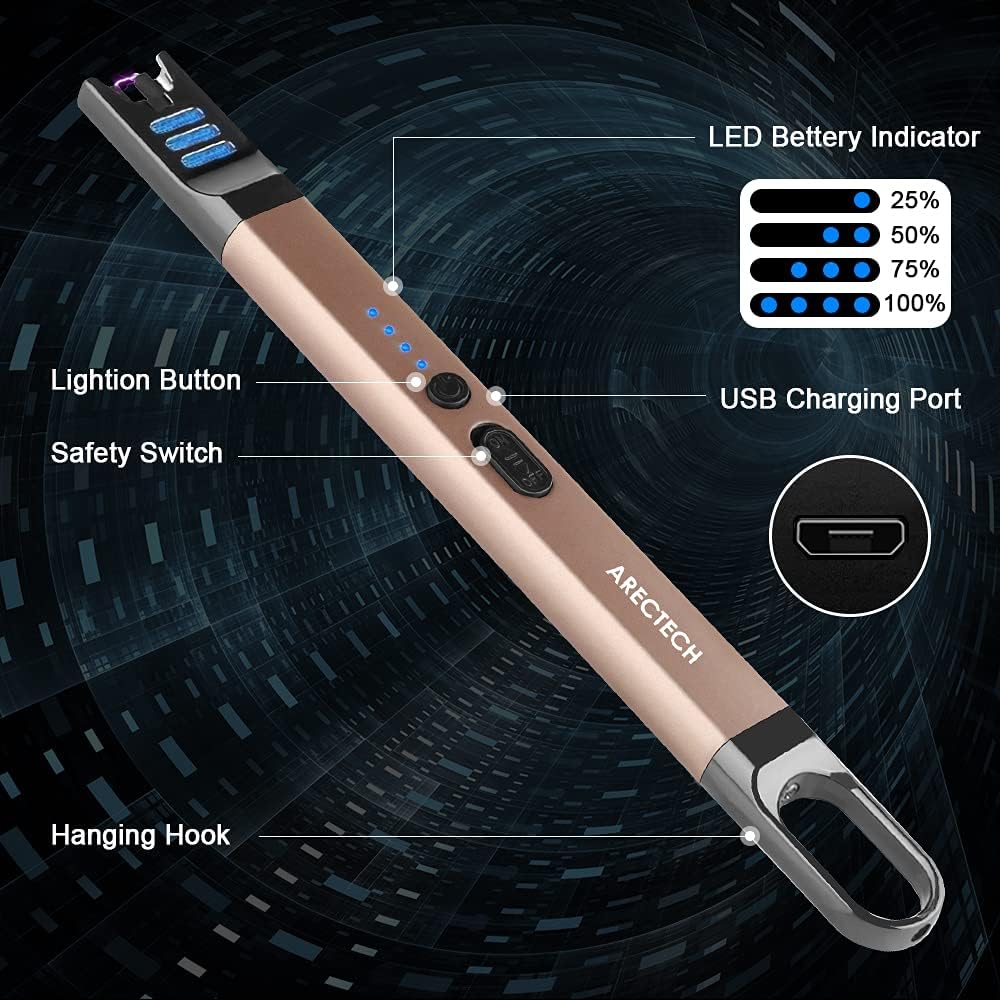 ARECTECH Electric Candle Lighter Rechargeable USB Long Lighter for Candle Cooking Camping BBQs Fireworks Champagne Gold
