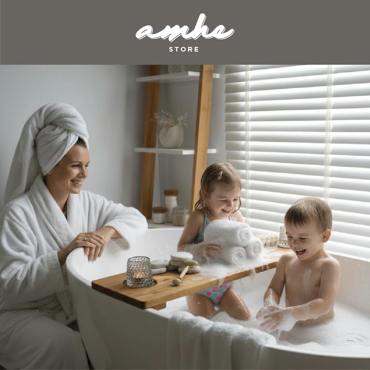 Amhe Store! Luxury Rustic Acacia Wood. Durable, Water-Resistant, Minimalistic, Adjustable 35x9 Inches. Lovely Gift - Box. Bath Tub Tray Wood - Bath Tray for Tub. Unique Natural Grain for Relaxation