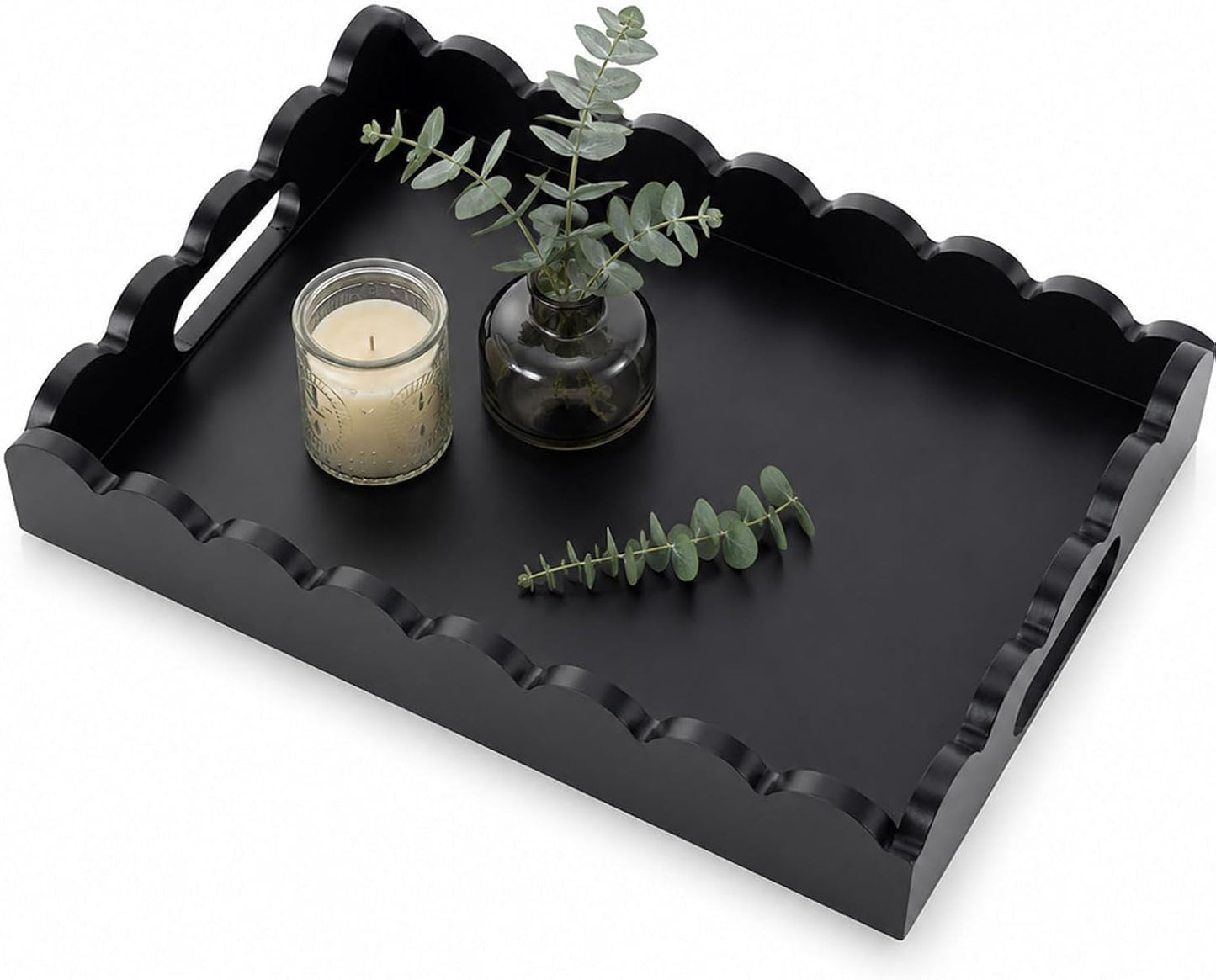 Hanobe Decorative Tray for Coffee Table: Serving Tray Decor with Scalloped Edge - Black Entryway Decor for Living Room Kitchen Counter