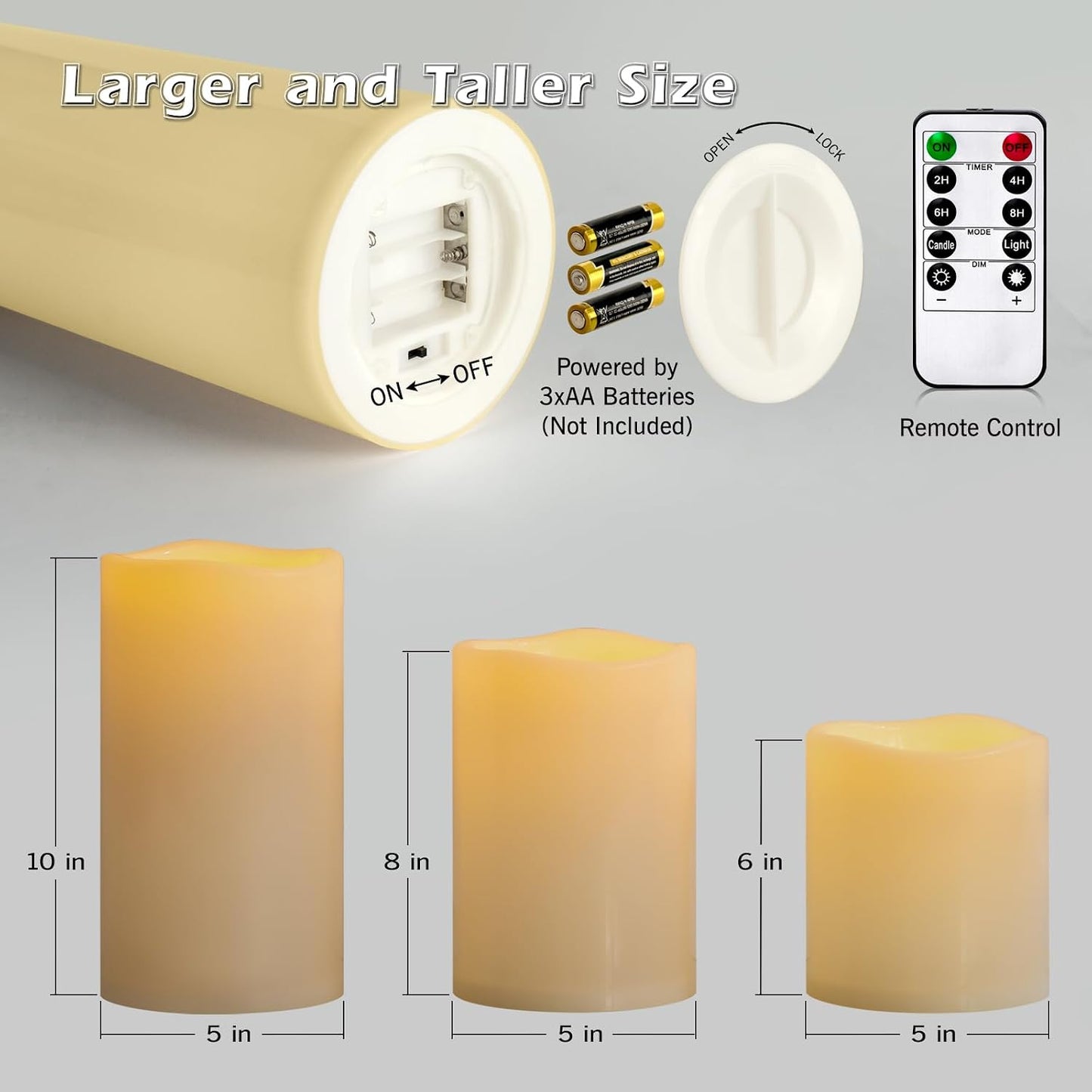 6" 8" 10" x 5" Waterproof Extra Large Outdoor Flameless Candles Battery Operated LED Flickering Pillar Candles with Remote and Timer for Indoor Outdoor Lanterns, Long Lasting, Ivory, Set of 3
