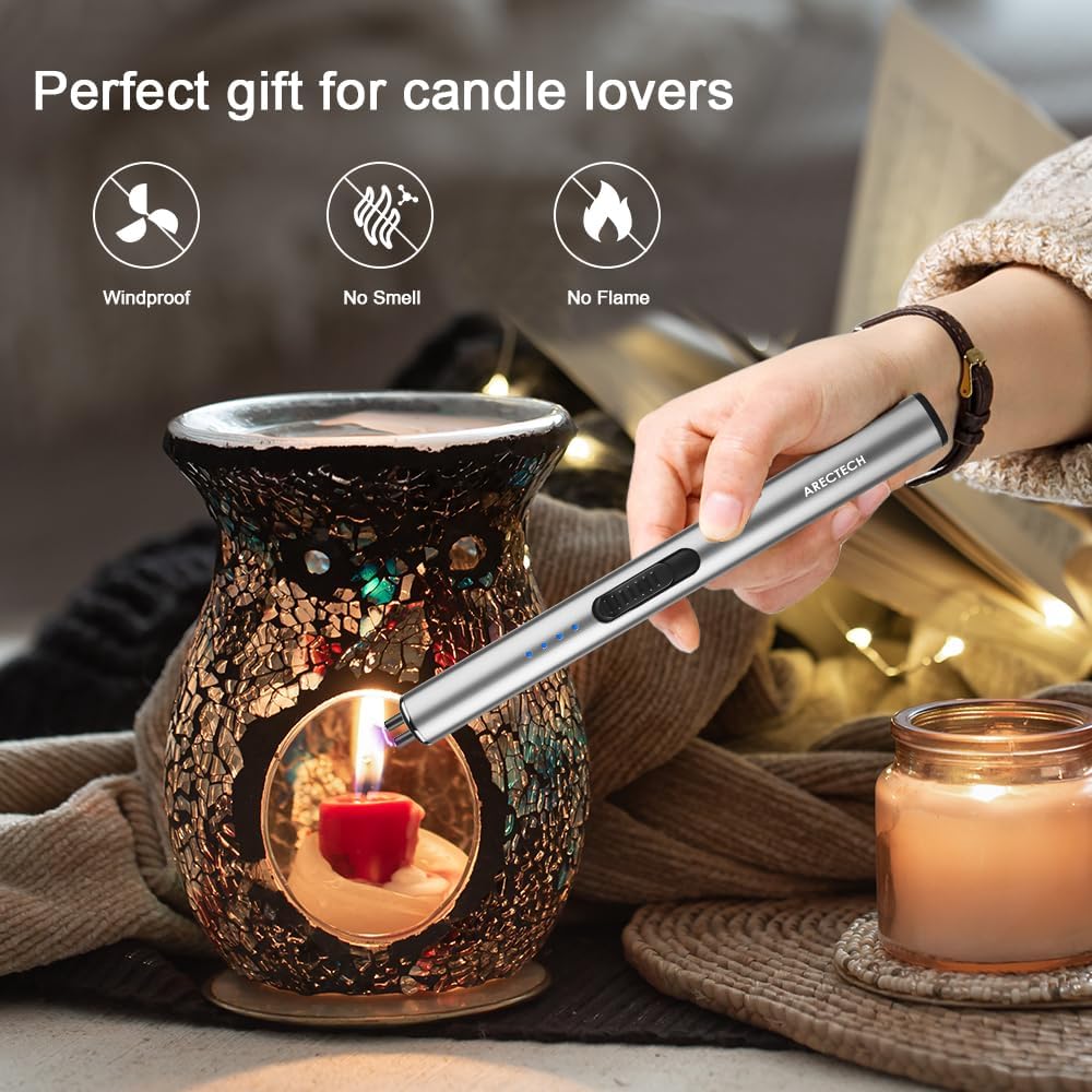 ARECTECH Electric Candle Rechargeable Lighter Arc Plasma Lighters for Candle Kitchen Camping Christmas Type-C Silver