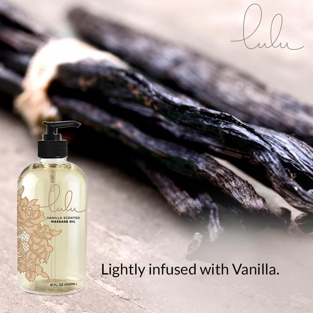 Lulu Vanilla Massage Oil with Fractionated Coconut & Cocoa Butter, Deeply Nourishing Non-Greasy Body Oil for Smooth Skin & Relaxation, for Date Night, Couples Massage & Massage Therapy, 16 fl oz Pump