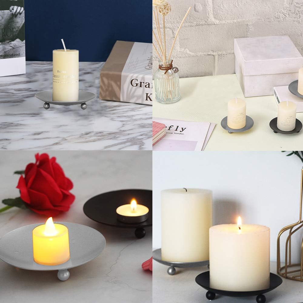 2 Sets Iron Plate Candle Holder, Roucerlin Decorative Iron Candle Plate, Premium Pedestal Stand Candlestick Plates for Wax (Silver)