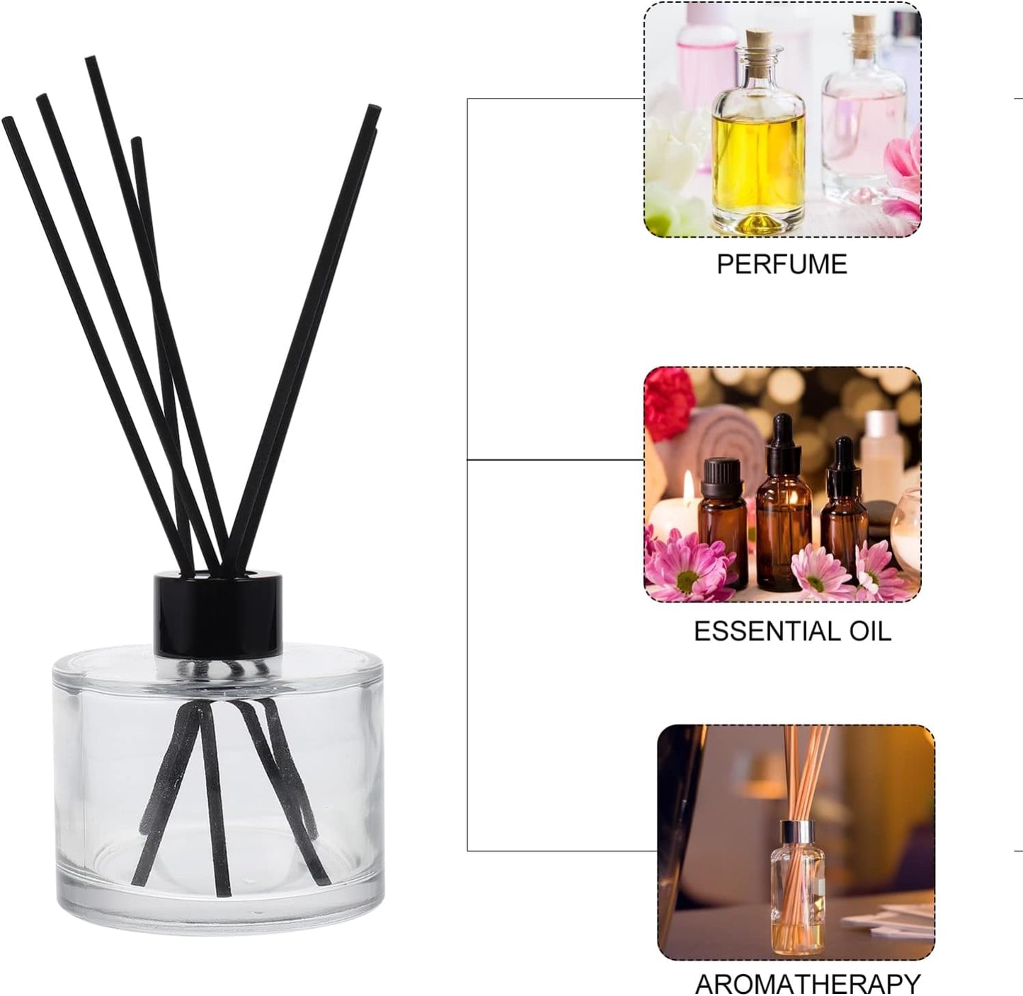 1set Glass Bottles Reed Diffuser Bottle Black Rattan Sticks Refillable Perfume Diffuser for Home Car Living Room Decor and Spa