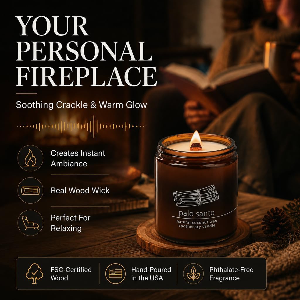 Hemlock Park Palo Santo Apothecary Scented Candle | Crackling Wood Wick, Botanical Fragrance & Coconut Apricot Wax | Up to 60 Hour Burn Time | 8 oz | Made in USA