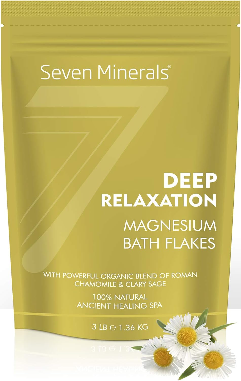 Seven Minerals Deep Relaxation Magnesium Chloride Flakes 3lb – Absorbs Better Than Epsom Salt - Unique Full Bath Soak Formula for Stress and Relaxing with Roman Chamomile & Clary Sage