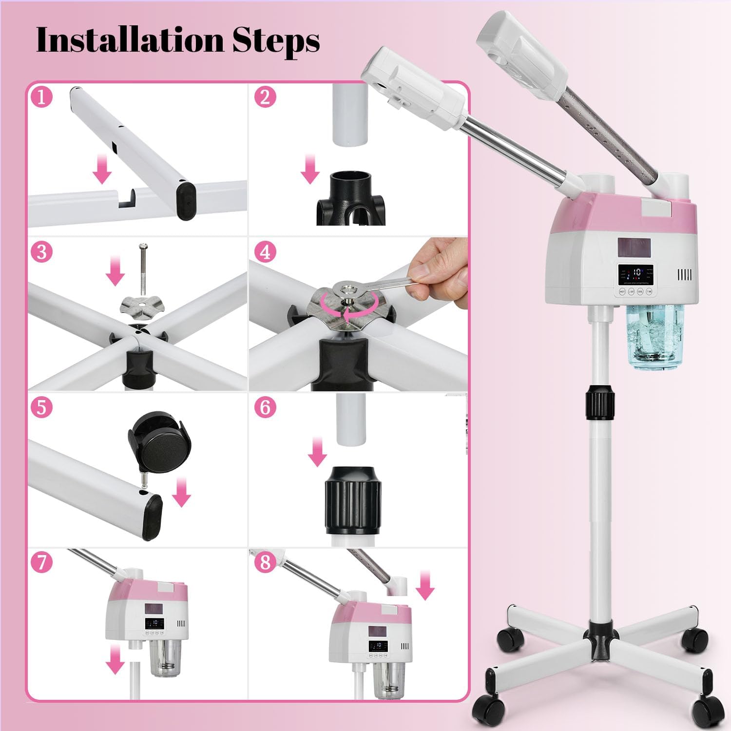 Professional Facial Steamer,2 in 1 Facial Steamers with Hot&Cool Mist, Height Adjustable Face Steamer, Pink Esthetician Steamer for Home Salon Spa