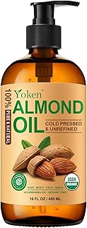 Yoken Organic Almond Oil 16 fl oz, USDA 100% Pure Cold Pressed Almond Oils in Glass Bottle, Natural Moisturizer for Face, Hair & Body, Ideal Carrier Oil for Skin Care, DIY Beauty & Soothing Massage