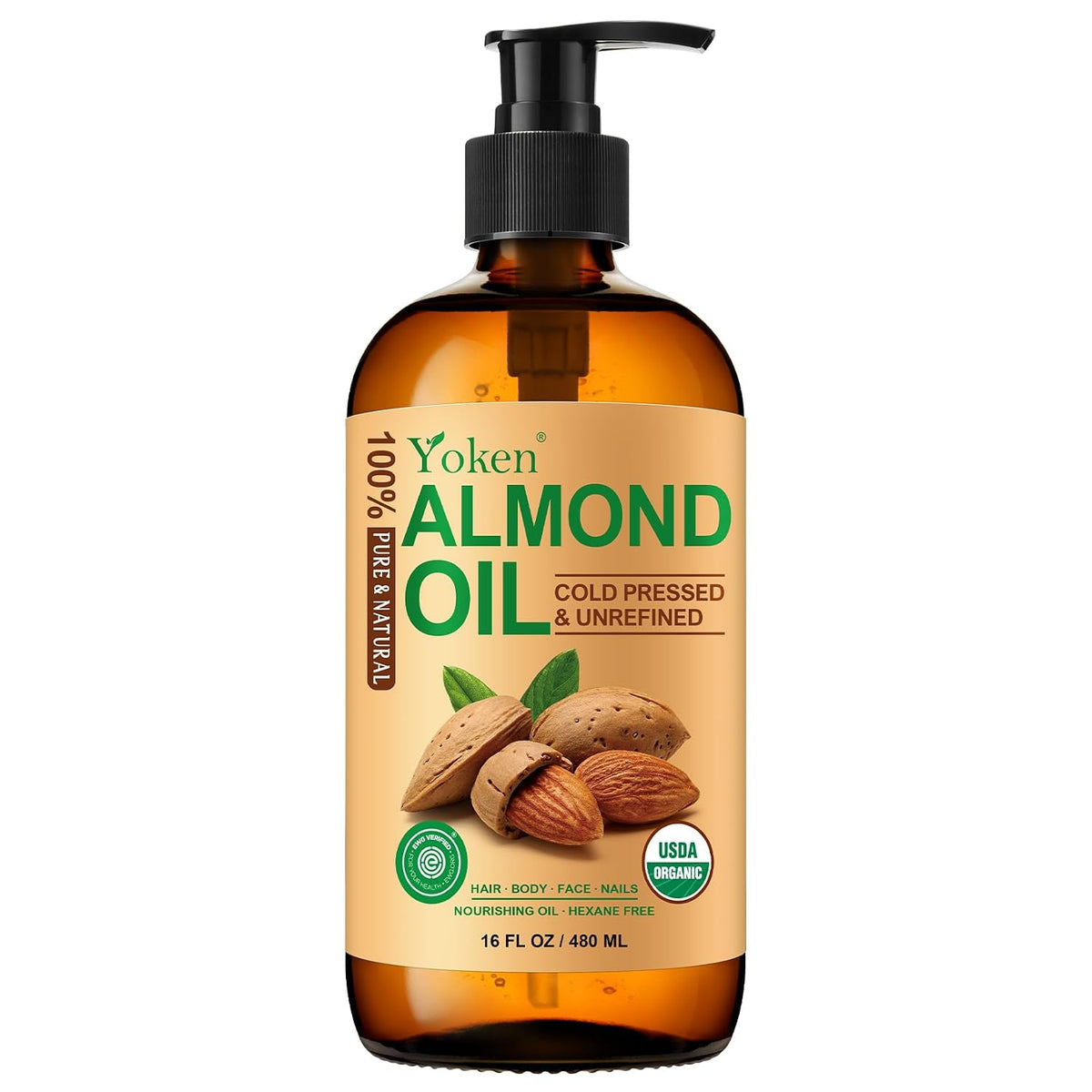 Yoken Organic Almond Oil 16 oz Glass Bottle