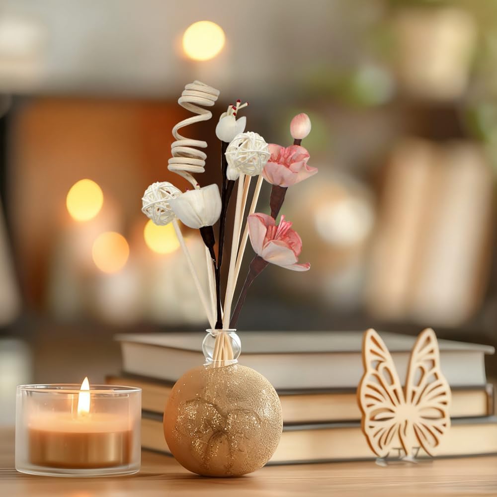 16Pcs Natural Rattan Reed Diffuser Sticks with Handmade Flowers, Aroma Fragrance Diffuser Refill Replacement Set, Strong Scent Absorption for Home Office Bedroom Decor
