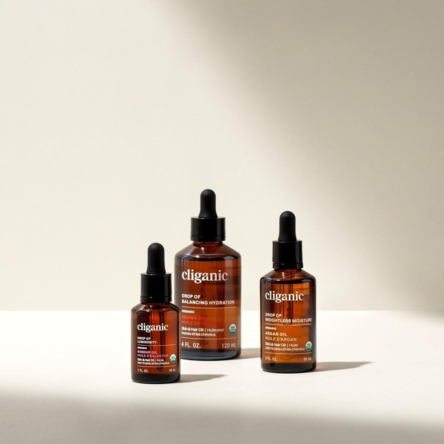 Cliganic Organic Nature’s Glow Oils Trio: Jojoba, Argan & Rosehip - For Face, Hair & Body
