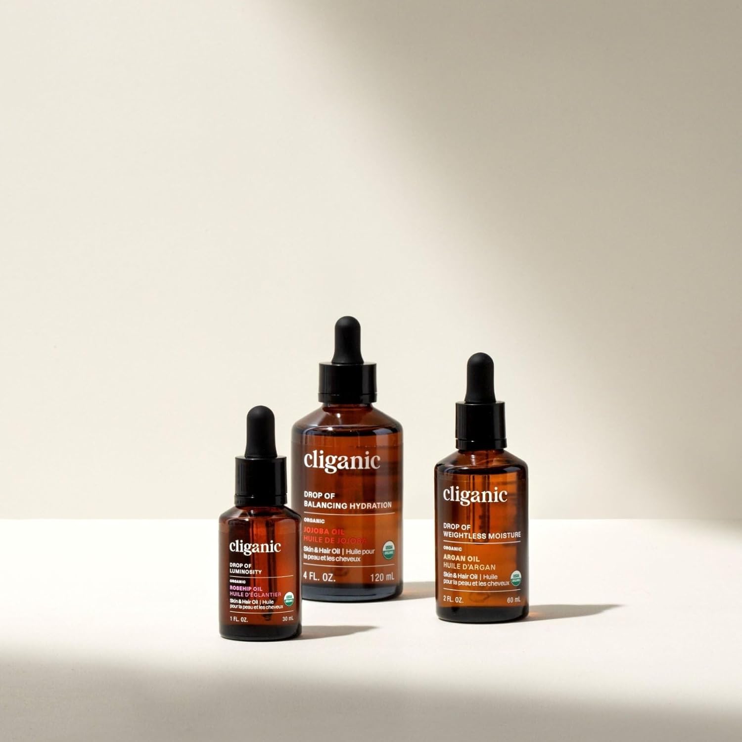 Cliganic Organic Nature’s Glow Oils Trio: Jojoba, Argan & Rosehip - For Face, Hair & Body