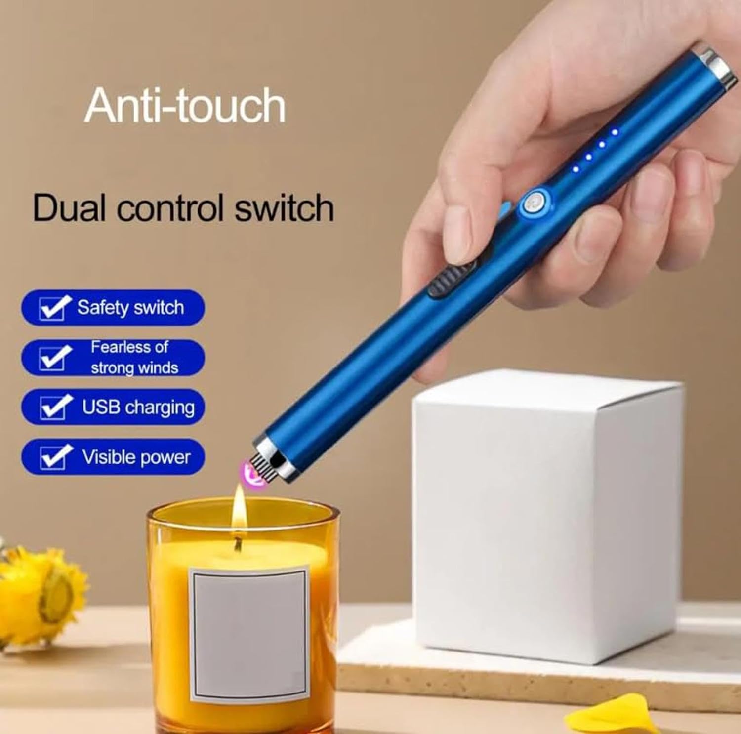 Windproof USB Ignition Lighter, Flexible Long Neck, No Flame, Windproof, Rechargeable, Ideal for Kitchen, Candle, Gas Stove, Outdoor Use (White)