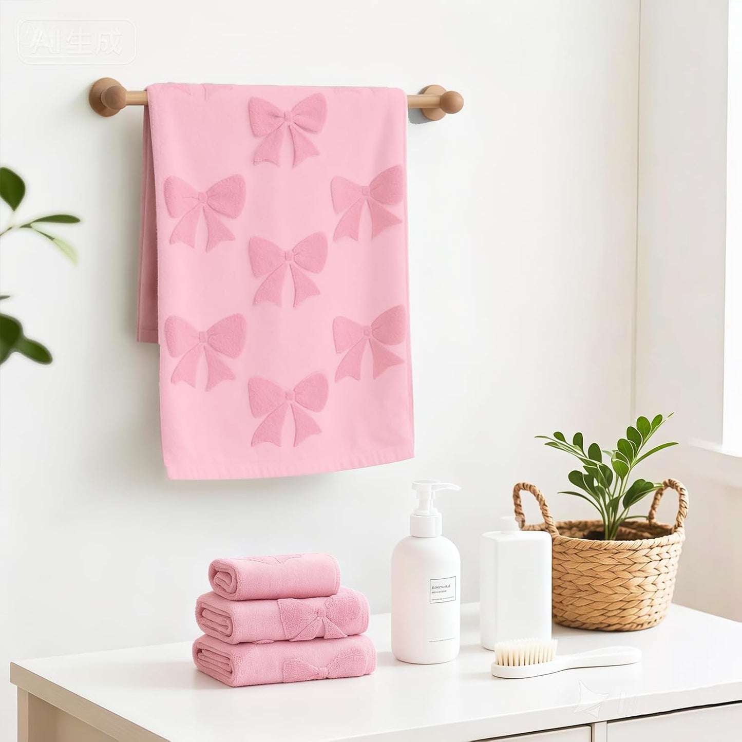 NZNDB 4 Pack Cotton Towel Set, Contains 2 Hand Towels 14x30in & 2 Wash Coths 14x14in, Pink Soft Bathroom Bow Towel Set, Highly Absorbent & Lightweight, Preppy Bath Decor Wedding Gift