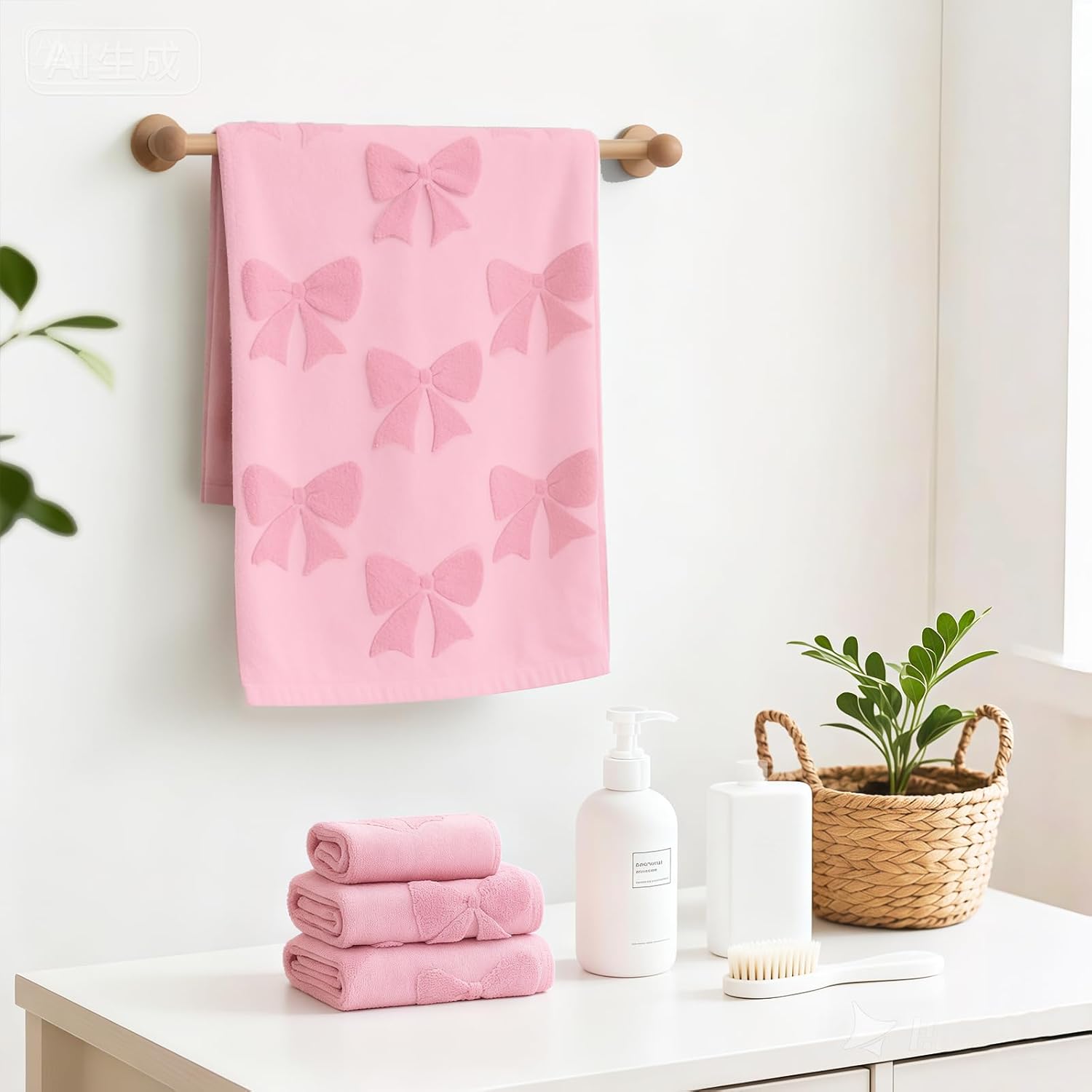 NZNDB 4 Pack Cotton Towel Set, Contains 2 Hand Towels 14x30in & 2 Wash Coths 14x14in, Pink Soft Bathroom Bow Towel Set, Highly Absorbent & Lightweight, Preppy Bath Decor Wedding Gift
