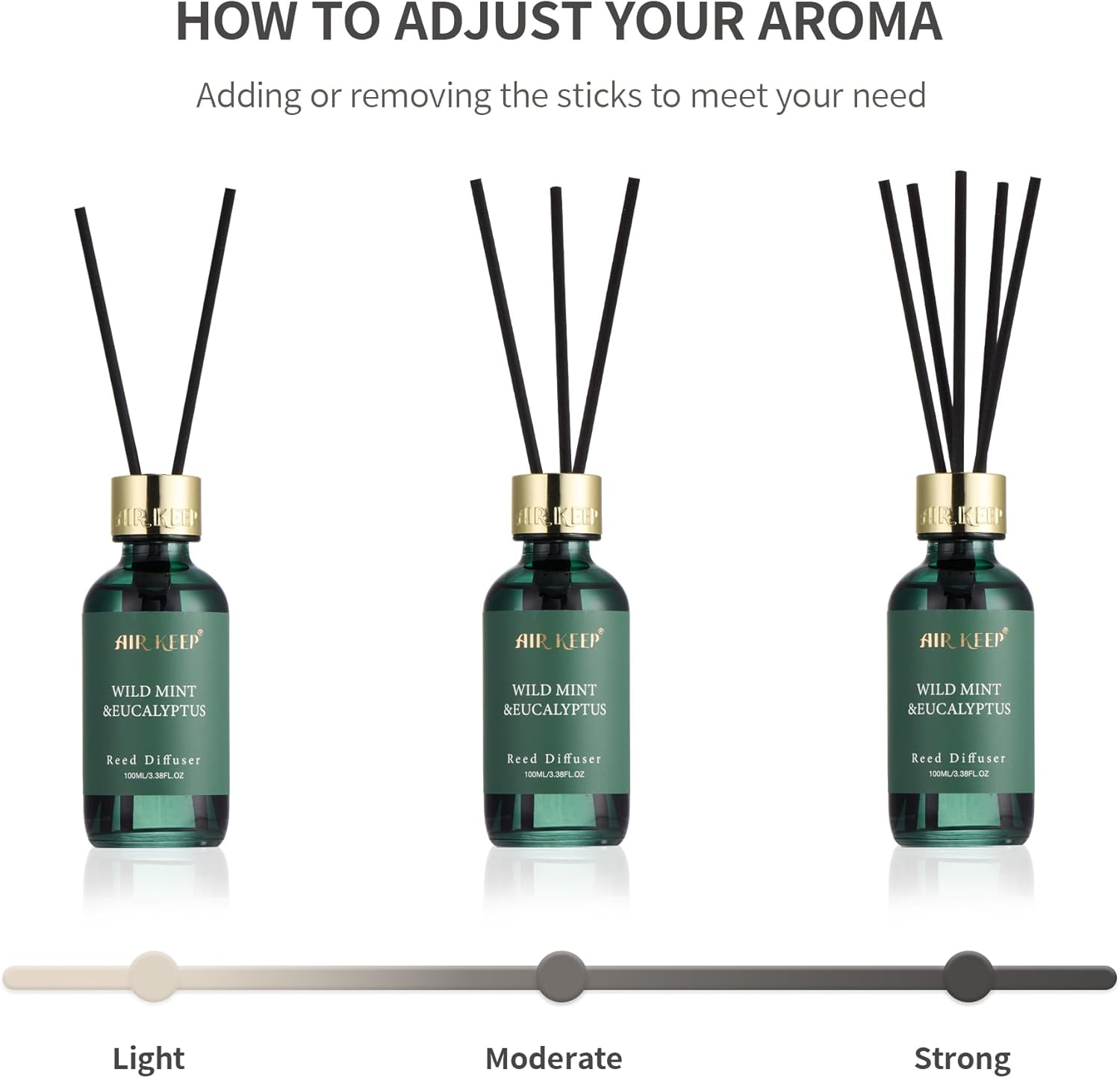 Airkeep Reed Diffuser Set, 3.38 fl oz (100 ml) - Wild Mint&Eucalyptus Oil Diffusers with 8 Reed Sticks, Home Fragrance Reed Diffuser for Bathroom Shelf Decor