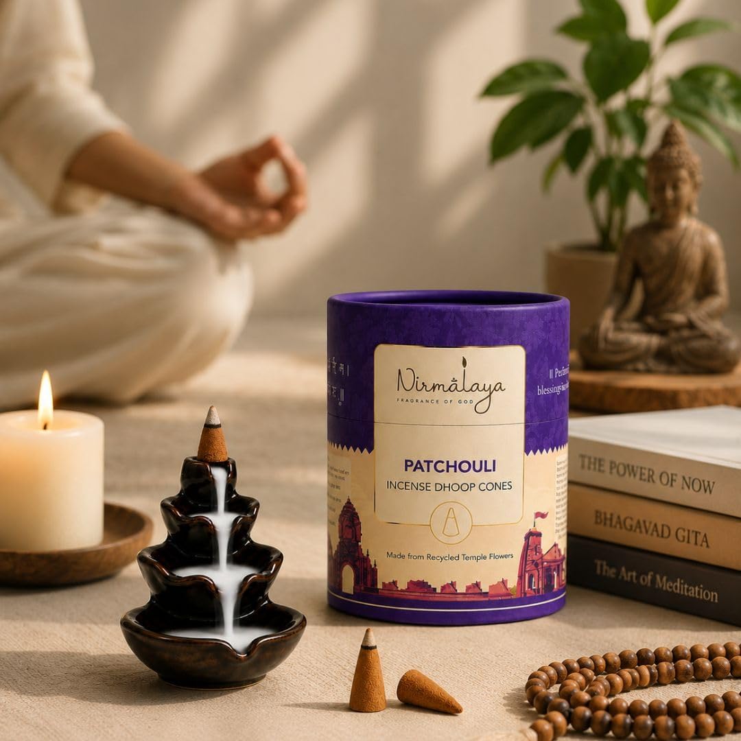 Nirmalaya Premium Patchouli Backflow Incense Dhoop Cones | 60 Bambooless Incense Cones | Made from Sacred Temple Flowers | Charcoal Free | 25 Min Burn Time