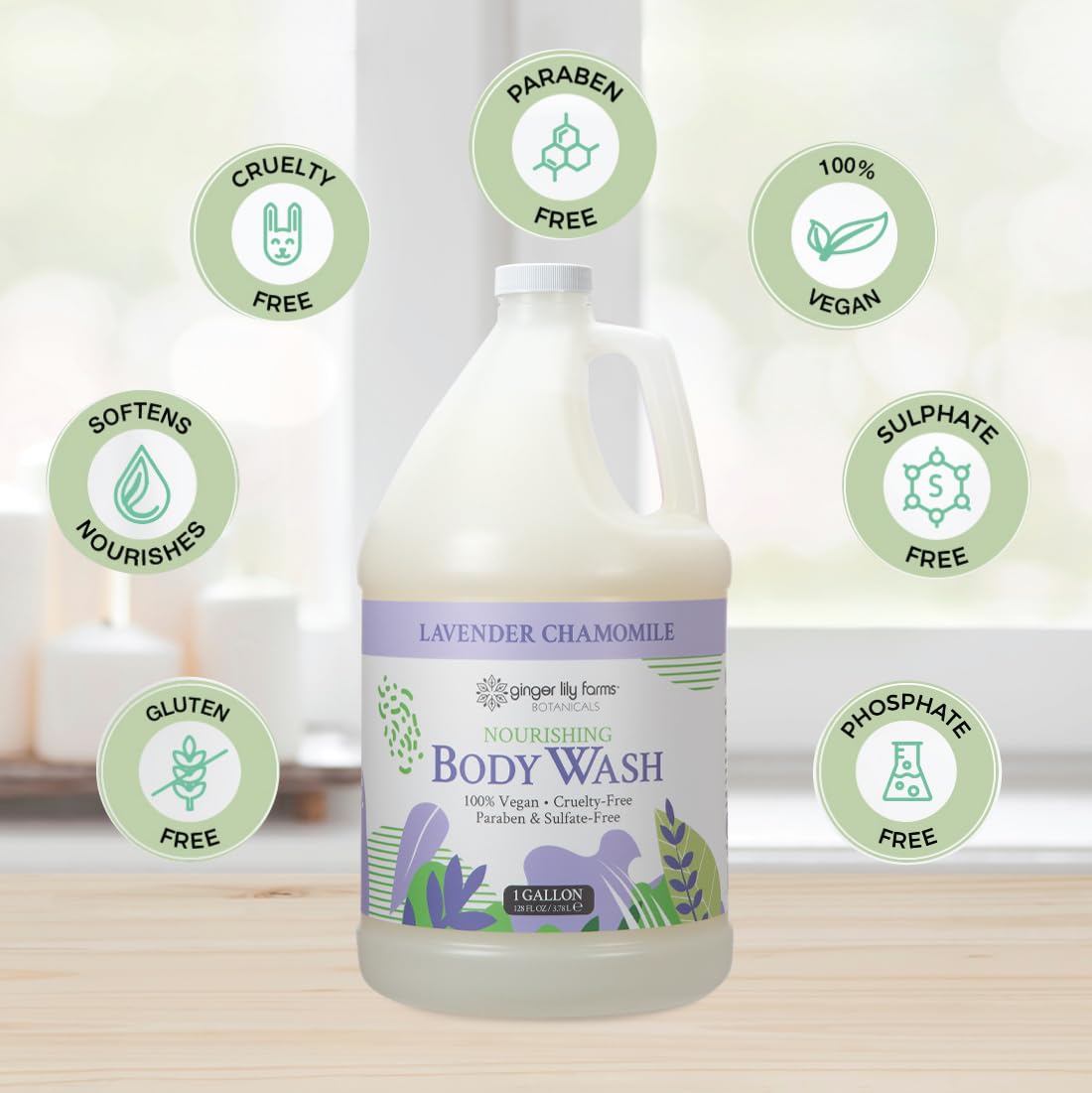 Ginger Lily Farms Botanicals Nourishing Body Wash, 100% Vegan & Cruelty-Free, Bath & Shower Gel for Men and Women, Lavender Chamomile Scent, 1 Gallon Refill (128 fl oz)