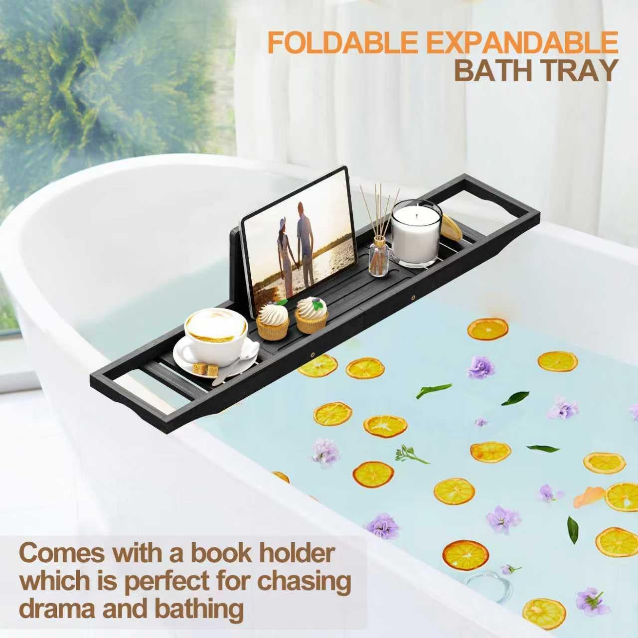 Bathtub Tray Caddy Black - Bath Tray Black - Bath Tub Table Tray Caddy - Bamboo Bath Tray for Tub