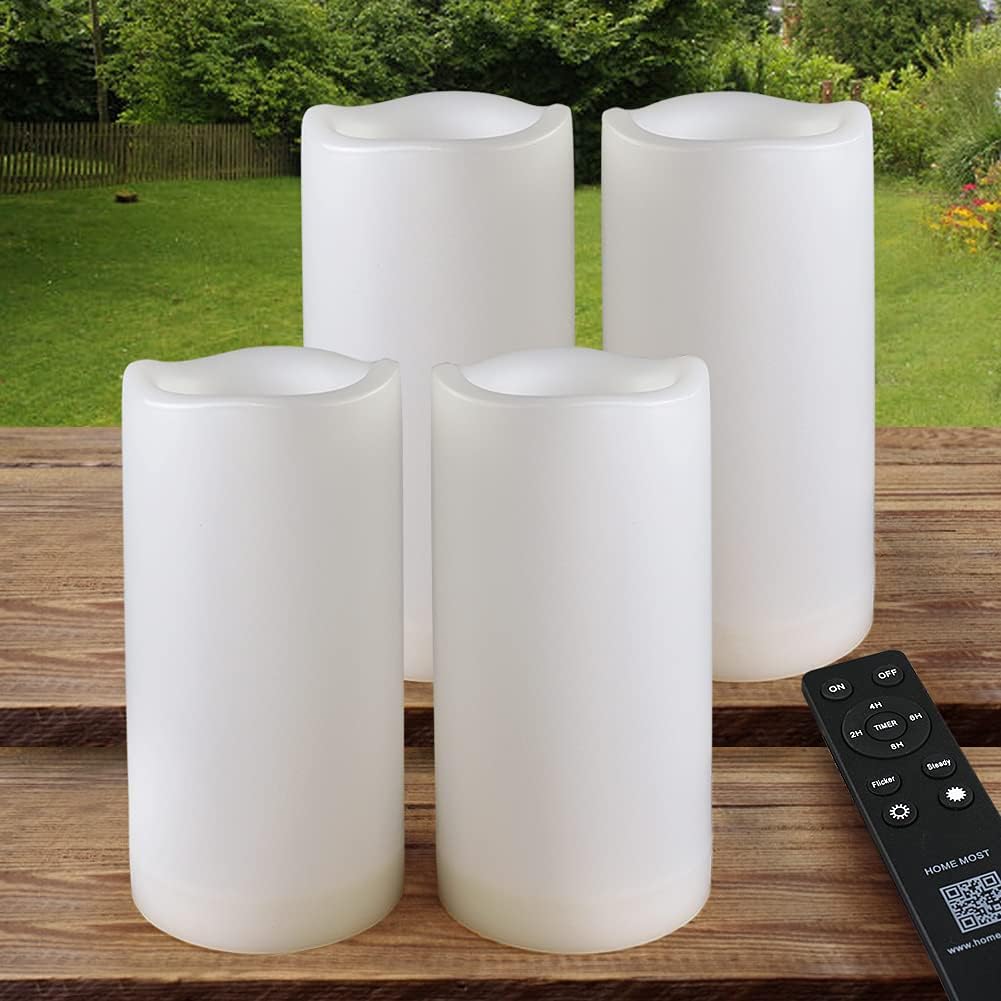 Pack of 4 White LED Candles Outdoor 3x6 - Unscented IP65 Waterproof Battery Powered Flameless LED Pillar Candles with Remote and Timer - Battery Operated Flameless Candle Flickering