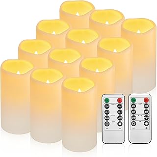 Waterproof Flameless Remote Control Candles 12PACK（D3''*H5.5''） Battery Operated Flickering LED Pillar Candle，plastic with 10-Key 24Hours Timer for Outdoor/Indoor Party Garden Lanterns Porch Ivory