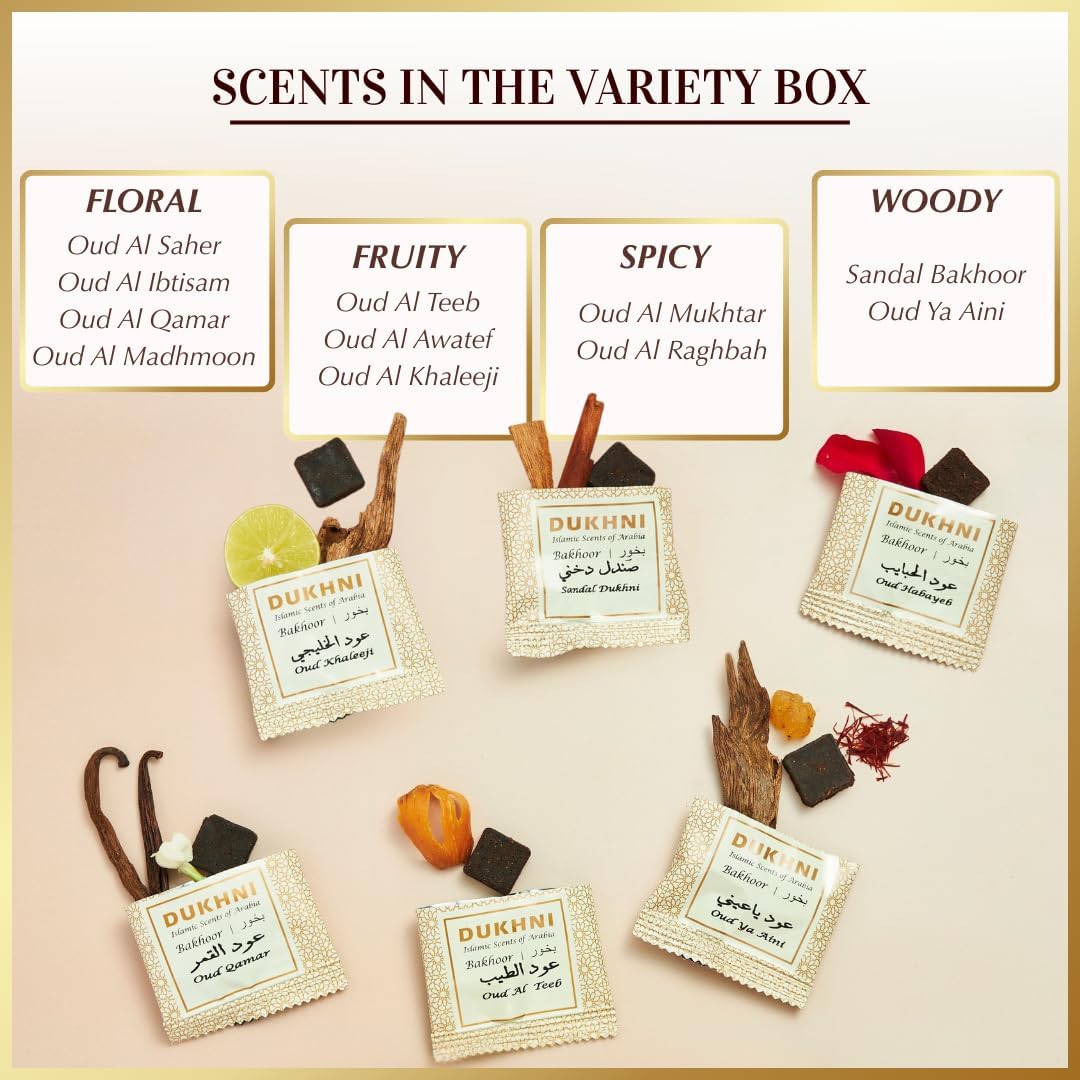 Oud Bakhoor Variety Box by Dukhni | Assorted Box | 30 Pieces Bakhoor | Gift Set & Refill Kit | Arabic Incense | Islamic Gifts, Eid & Ramadan Gift | Luxurious, Long Lasting