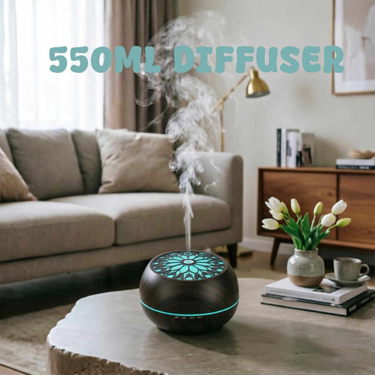 Essential Oil Diffuser for Home,Large Capacity 550ml Diffuser with Remote for Large Room,Mini Humidifier with LED Night Lights for Office Room Decor Gift for Women Men(Dark Wood Grain)