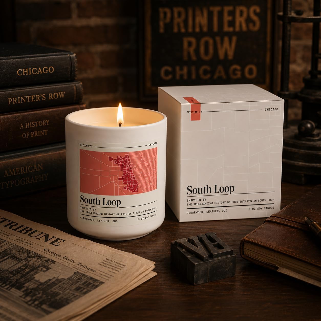 Vicinity South Loop, Hand-Poured Soy Candle | Cedarwood, Leather & Oud | 9 oz, 45-50 Hour Burn | Gift Ready | Woman-Owned