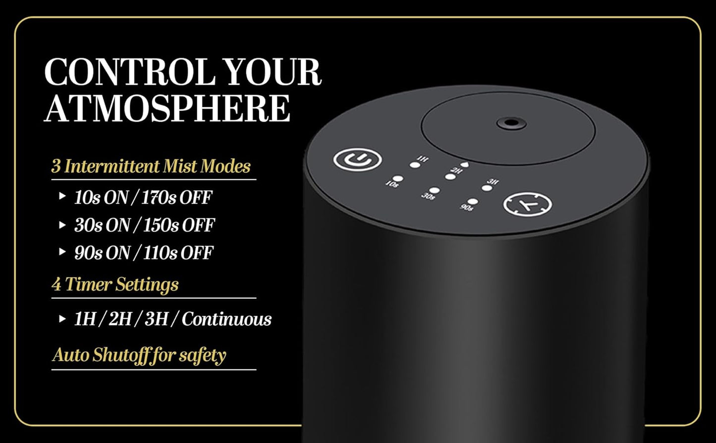 Waterless Essential Oil Diffuser, battery-operated cordless aromatherapy diffuser with timer & 3 mist levels. For car, home, office, yoga studio, nursery, bedrooms, and pet areas. Black aluminum alloy