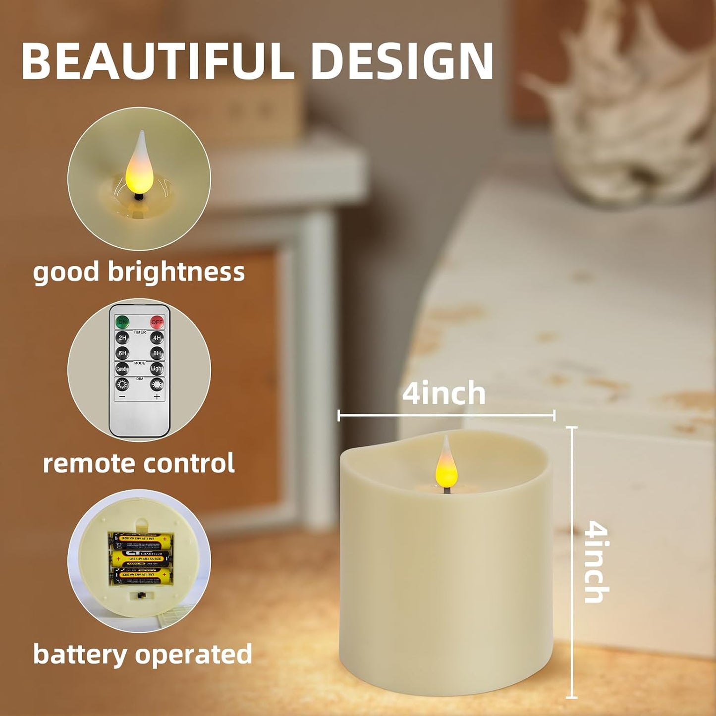 Flameless LED Candle with Remote, 4x4 Inch Battery Operated Plastic Pillar Candle, Realistic Flickering Flame, Timer & Brightness Control, Ivory – Safe for Kids & Pets, Great for Home & Holiday Decor