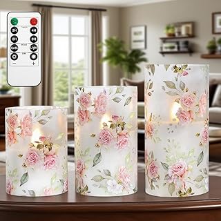 Rose Flameless Candles Love Theme Battery Operated Glass Flickering LED Candle with Remote Pink Flower Decal Realistic Pillar Candles Bedroom Home Decor Table Ornament