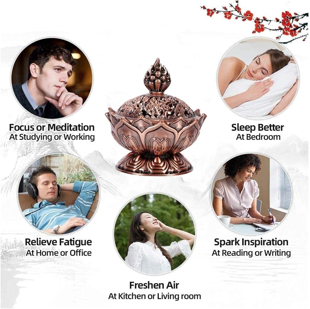 Incense Burner, Bronze Antique Chinese Asian Style Lotus Flower Incense Burner Pot Backflow Smoke Incense Burner Stick Cone Holder Zen Buddha Buddhist Meditation Decor Gift Set(Red Bronze)