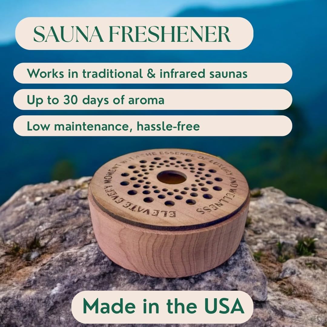 Sauna Freshener with Essential Oil Refill – Handmade Cedar Wood Diffuser – Breathe & Restore Scent – Eucalyptus, Peppermint & Tea Tree – Heat-Activated Aromatherapy for Sauna – Made in USA