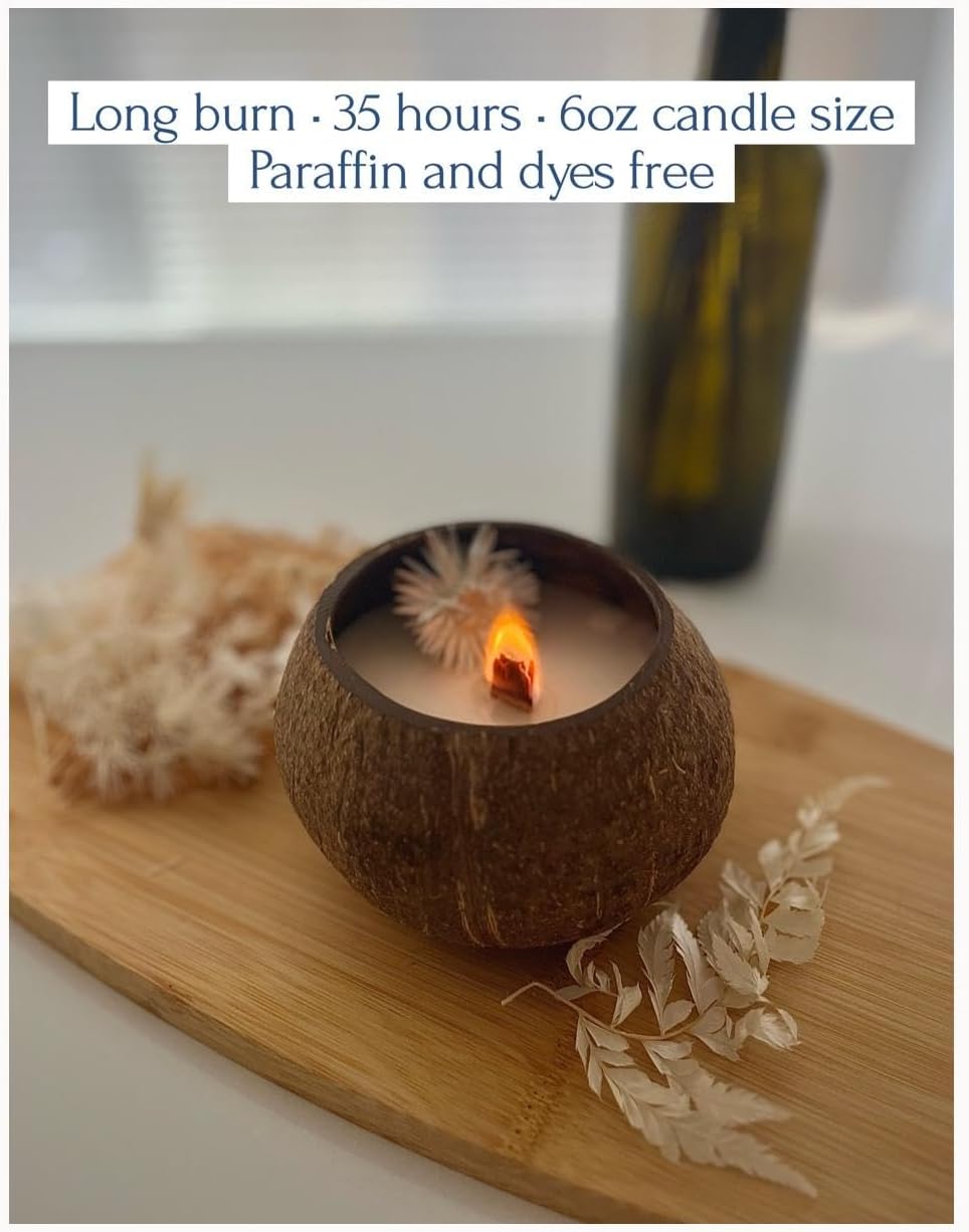 Coconut Shell Candle with Wooden Wick – Lavender Scented, 100% Natural Coconut & Soy Wax, Hand-Poured, Eco-Friendly Decorative Candle, 6oz Gift