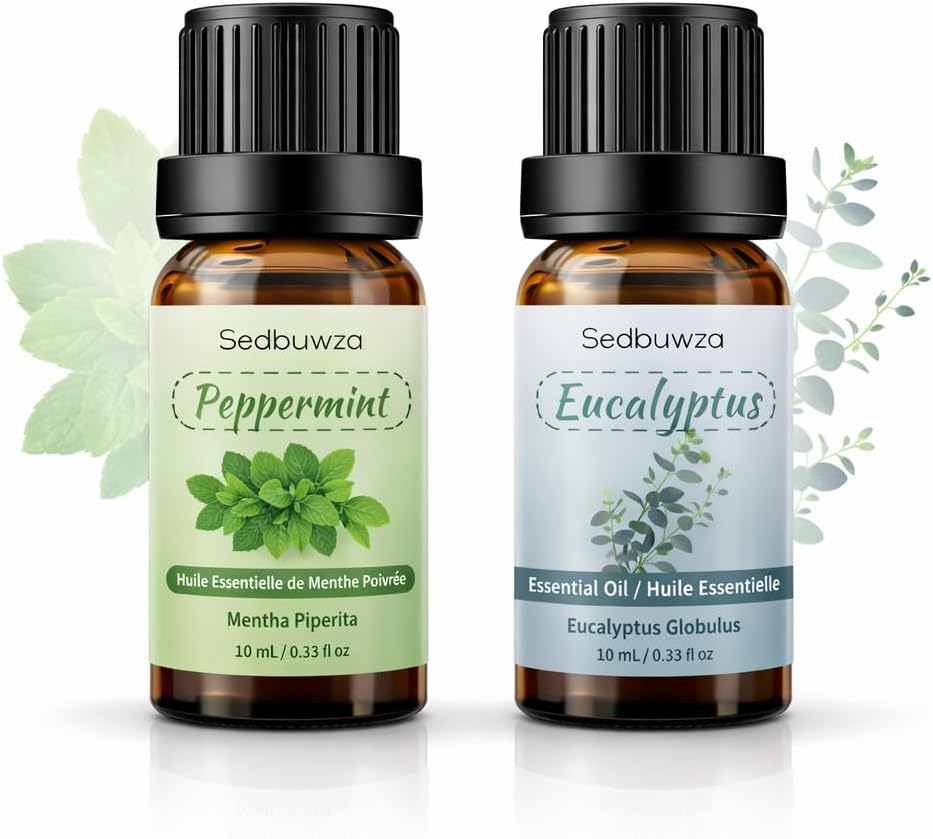Sedbuwza Peppermint Eucalyptus Essential Oil Set, Peppermint Fragrance Oil Eucalyptus Scent Oil Set for Diffuser, Aromatherapy, Massage, Soap, Candle Making 2 x 10 ml